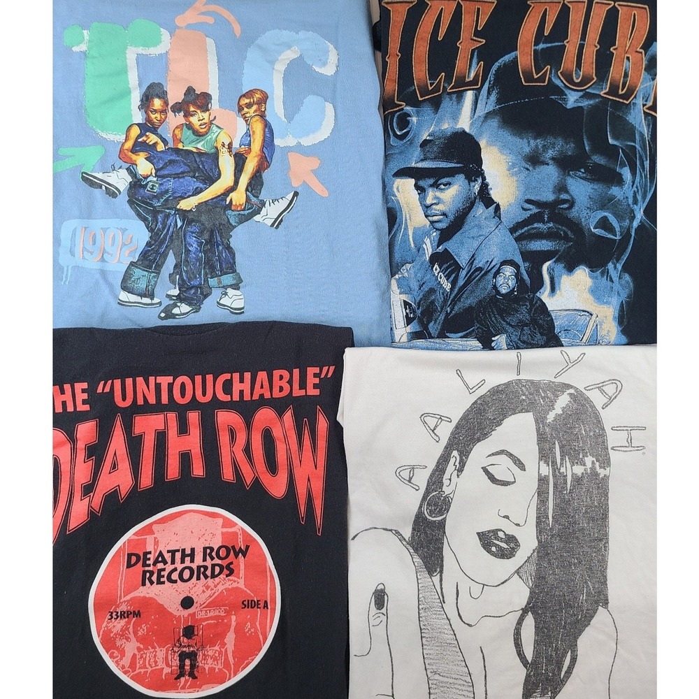Lot of 4 Mens T-Shirts Multicolor Hip Hop Ice Cube TLC Aaliyah Death Row Records